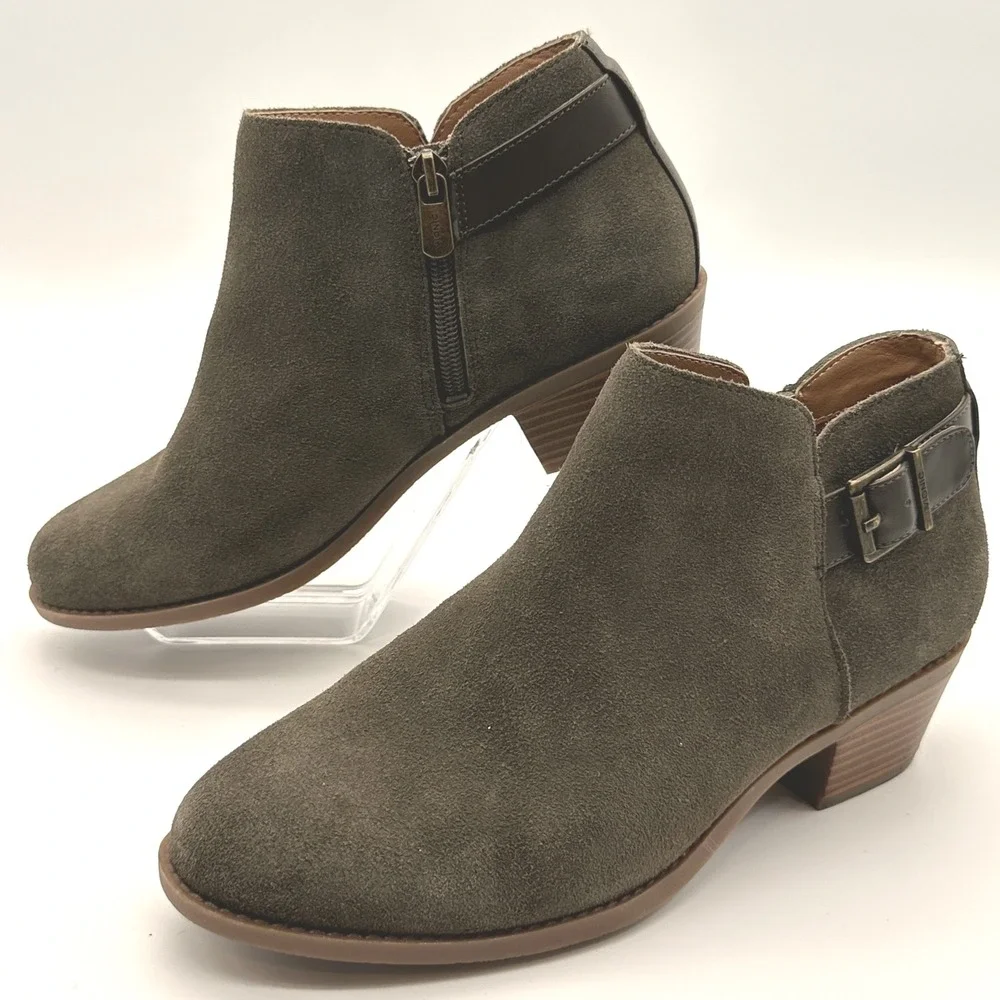 Vionic Suede Leather‎ Buckle Ankle Booties Brown Olive Comfort Womens Size 7.5